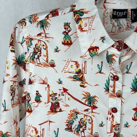 Cruel Denim Snap Button Up Shirt Latin City Print White Sz S CTW7295007 - Picture 2 of 6
